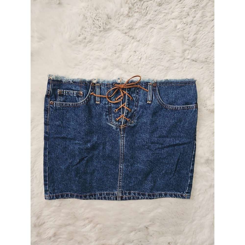 Vtg Y2K Mossimo Denim Mini Skirt‎ Frayed Low Rise Lace Up Front Grommet 7